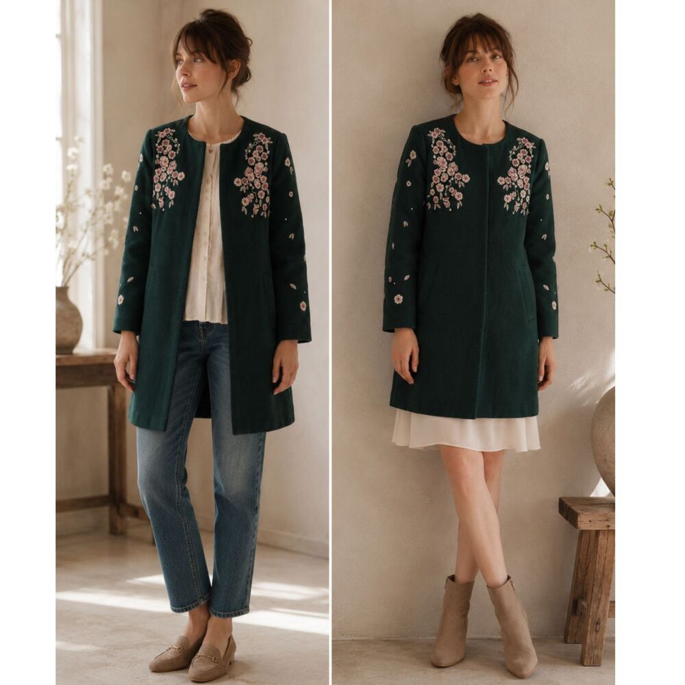 S-Zhang Lan Ting  Floral Embroidered Green Coat L